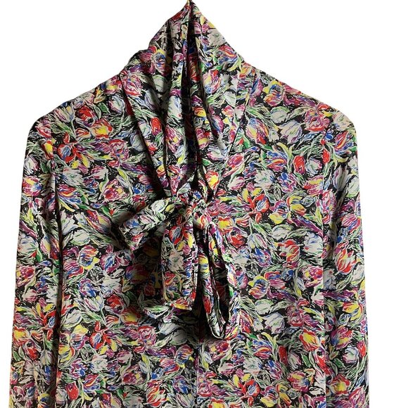 Derek Lam 10 Crosby Womens Floral Blouse Sz 2 Tie Neck Pussybow Watercolor Artsy - Picture 2 of 5